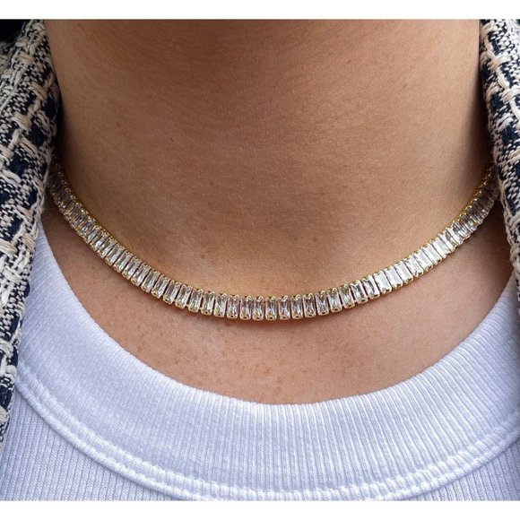 Diamond Tennis Necklace, CZ Tennis Necklace Choker, Baguette Tennis Necklace - Picture 2 of 9